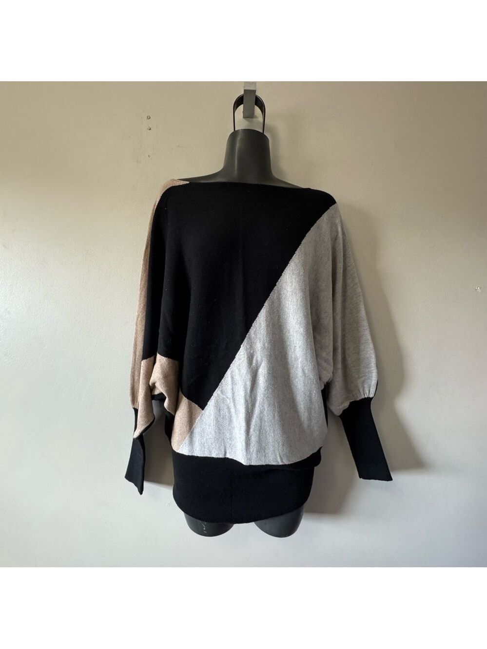 Joseph Black and Tan Crew Neck Sweater with Asymmetrical Design, Batwing sleeve